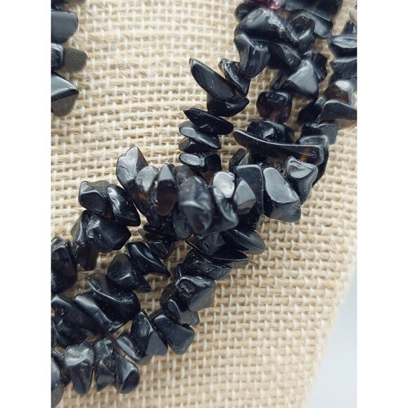 Stone Multi Strand Artisan Statement Necklace &  Earrings Black Chip Stone - Picture 7 of 11